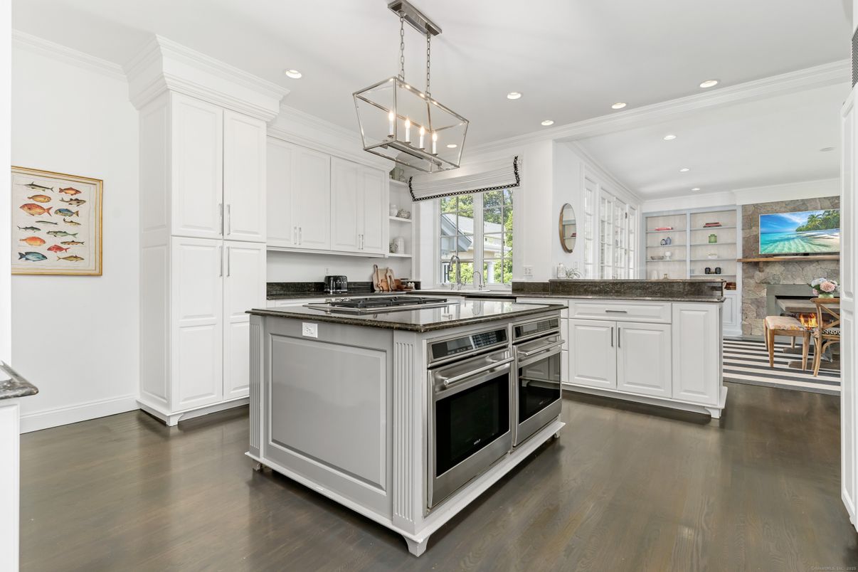 Interior, Kitchen, Pendant Lights, Recessed Lighting, Stainless Steel Appliances, Stone Walls, Wood Texture Flooring
