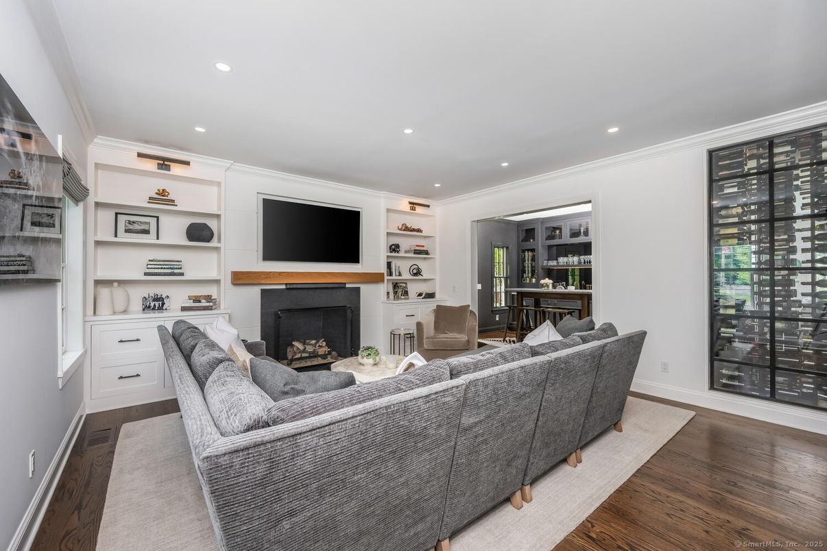 Fireplace, Interior, Living room, Recessed Lighting, Wood Texture Flooring