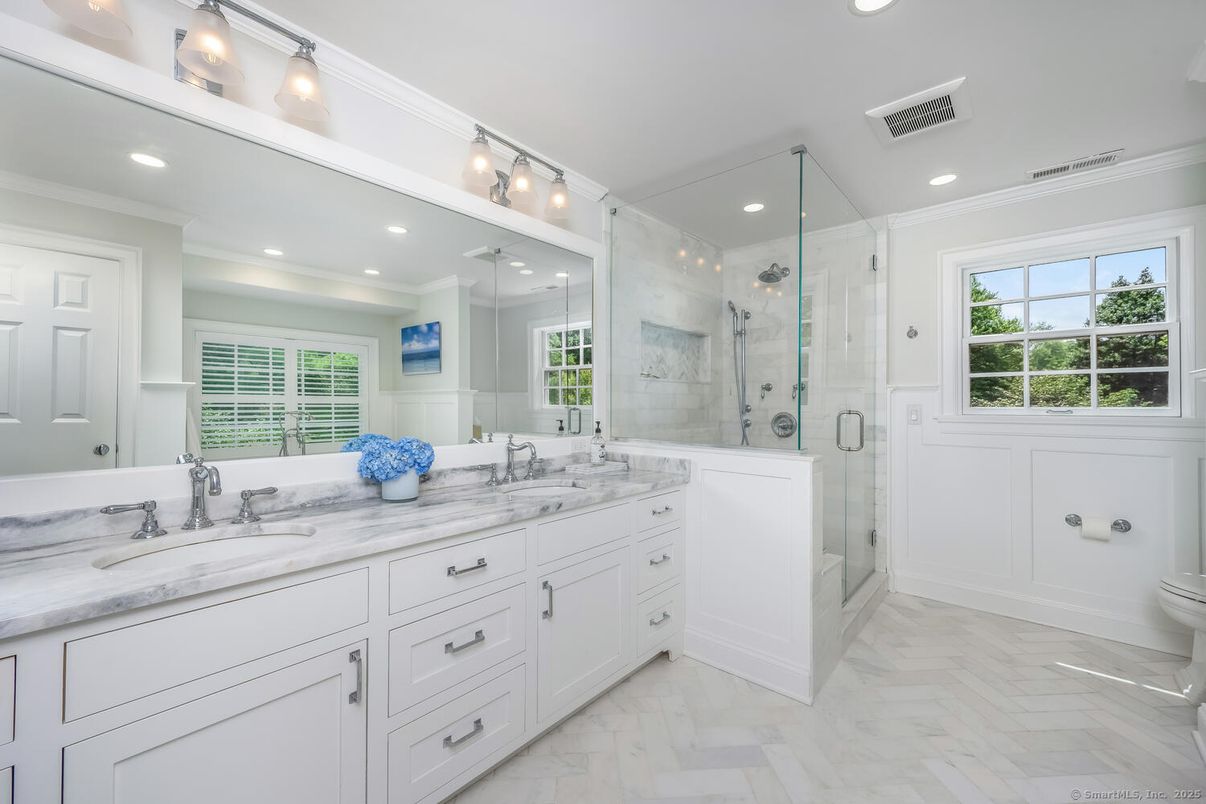 Bathroom, Dual Sink Vanities, Glass Shower, Interior, Marble, Recessed Lighting