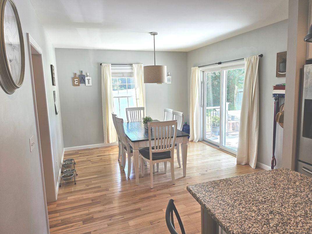 Dining room, Interior, Pendant Lights, Wood Texture Flooring