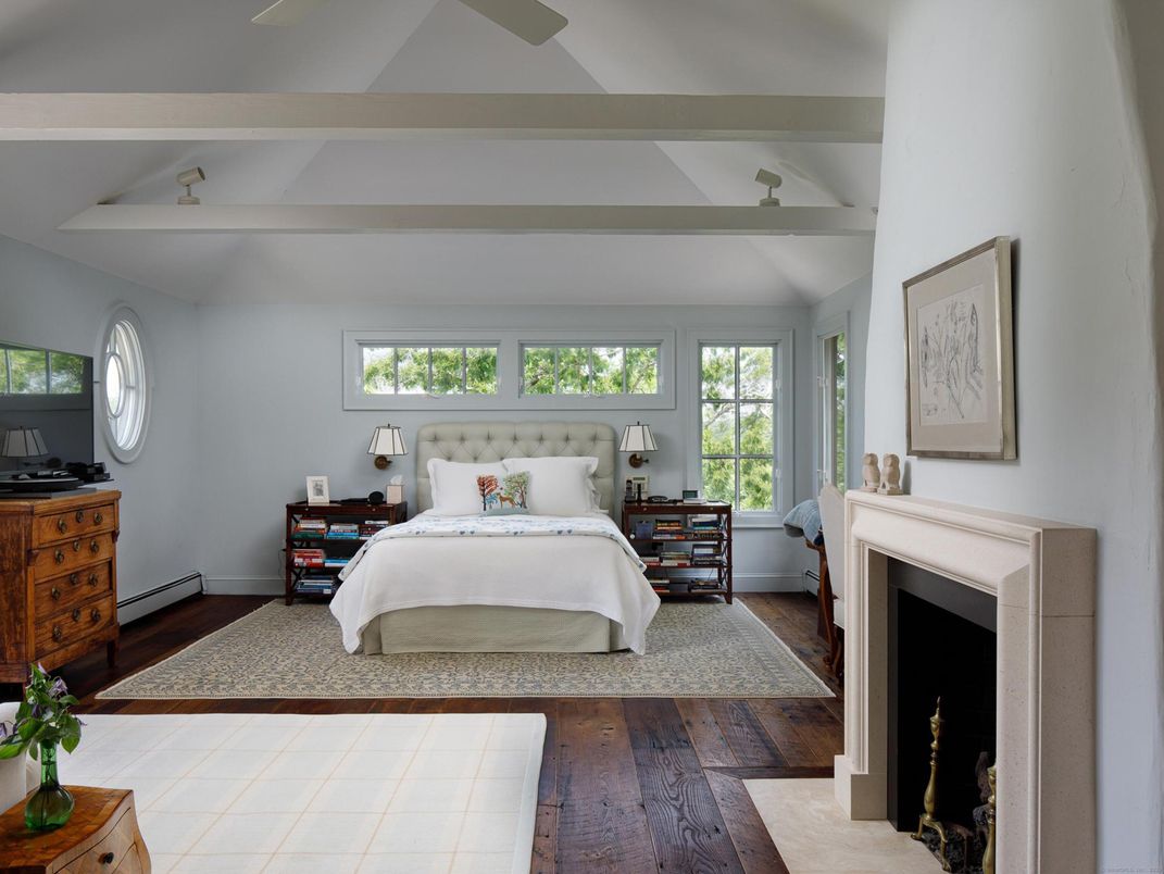 Bedroom, Fireplace, Interior, Wood Texture Flooring