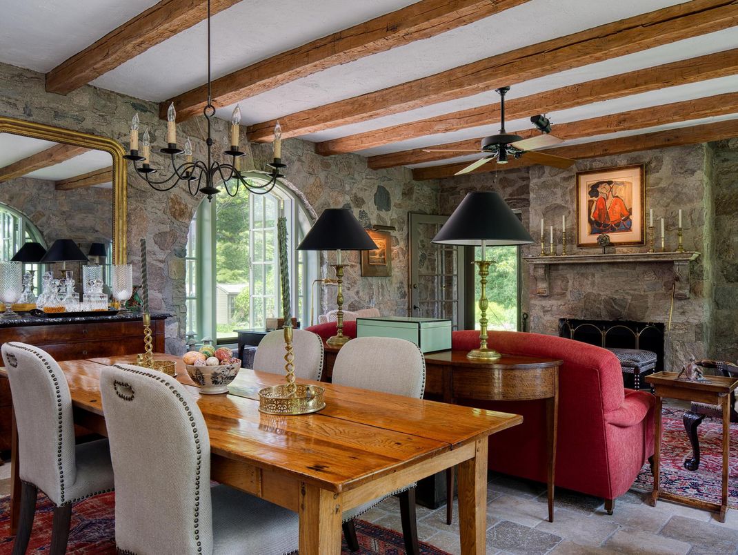 Dining room, Fireplace, Interior, Living room, Stone Walls, Wooden Beams