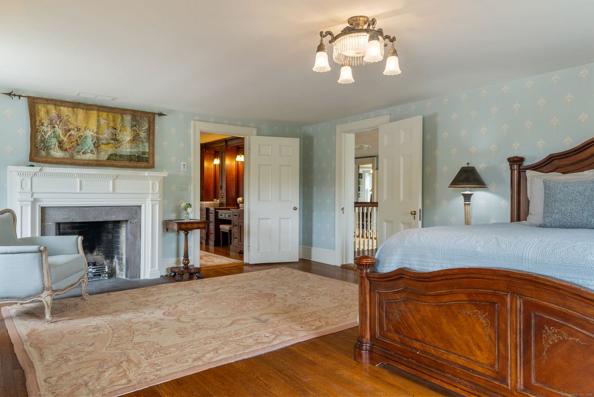 Bedroom, Fireplace, Interior, Wood Texture Flooring