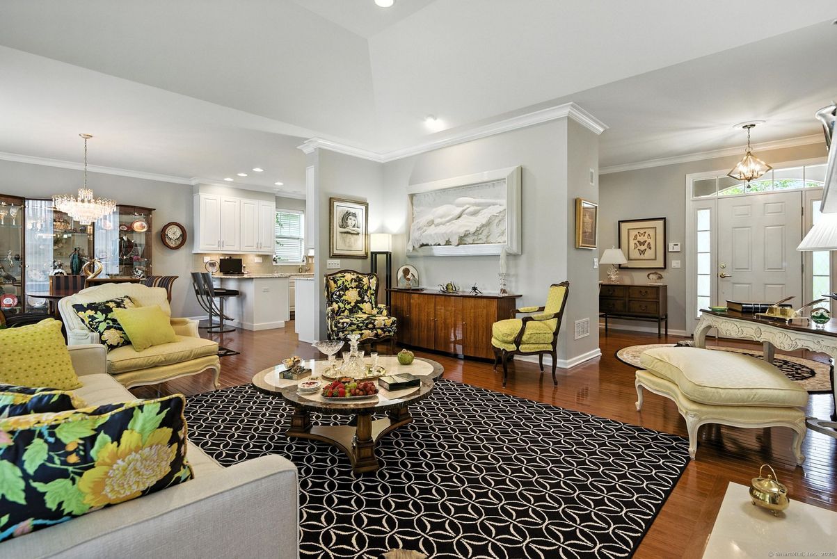 Chandelier, Dining room, Interior, Kitchen, Living room, Pendant Lights, Recessed Lighting, Wood Texture Flooring