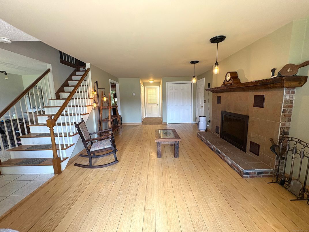 Fireplace, Interior, Pendant Lights, Wood Texture Flooring