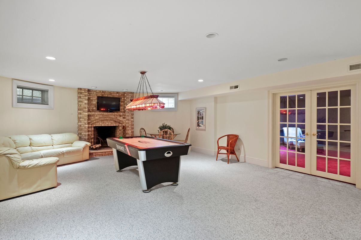 Billiard Table, Fireplace, Game Room, Interior, Living room, Pendant Lights, Recessed Lighting, Stone Walls