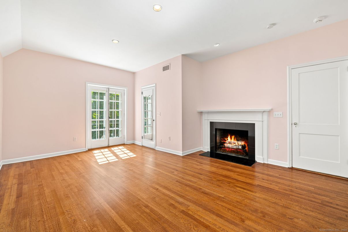 Empty room, Fireplace, Interior, Recessed Lighting, Wood Texture Flooring