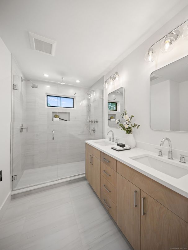 Bathroom, Dual Sink Vanities, Glass Shower, Interior, Recessed Lighting