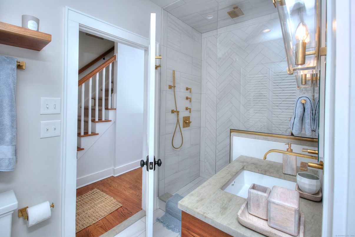Bathroom, Glass Shower, Interior, Wood Texture Flooring