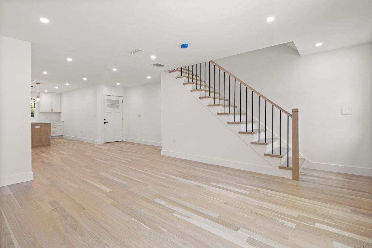 Empty room, Interior, Kitchen, Pendant Lights, Recessed Lighting, Wood Texture Flooring