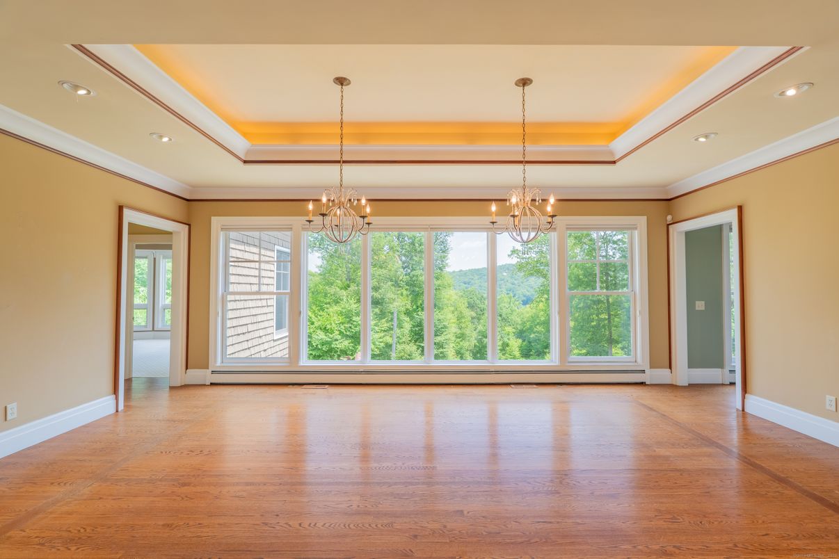 Chandelier, Empty room, Interior, Recessed Lighting, Wood Texture Flooring