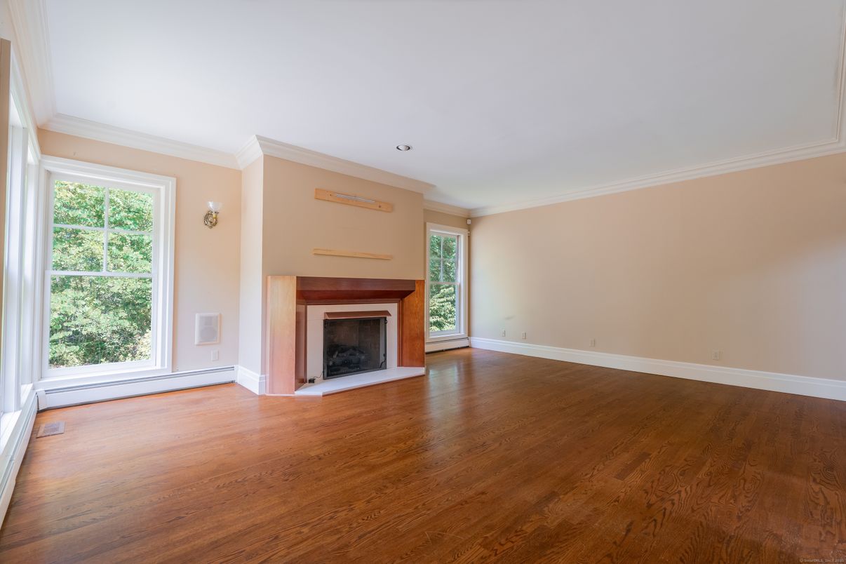 Empty room, Fireplace, Interior, Recessed Lighting, Wood Texture Flooring