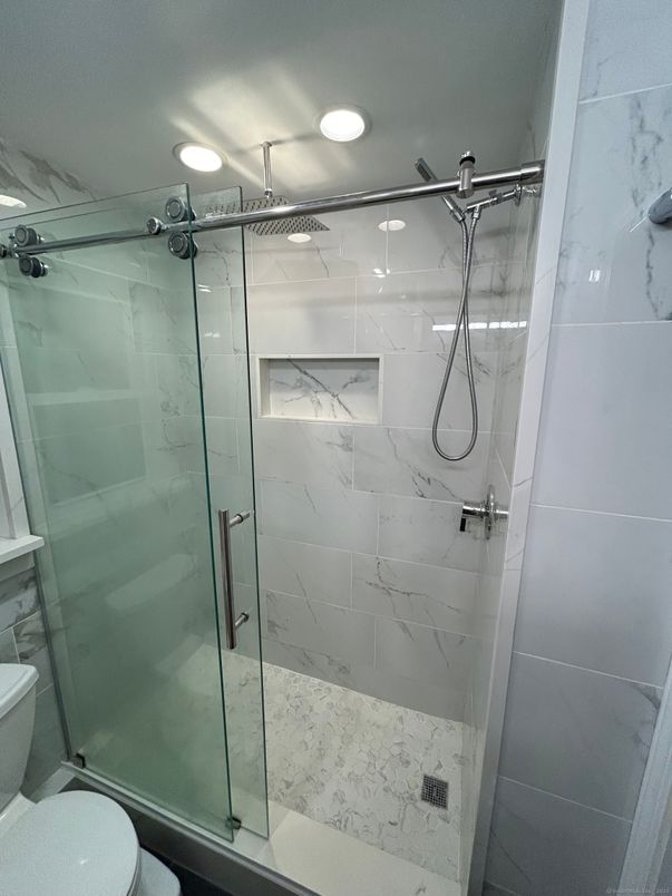 Bathroom, Glass Shower, Interior, Marble Walls, Recessed Lighting