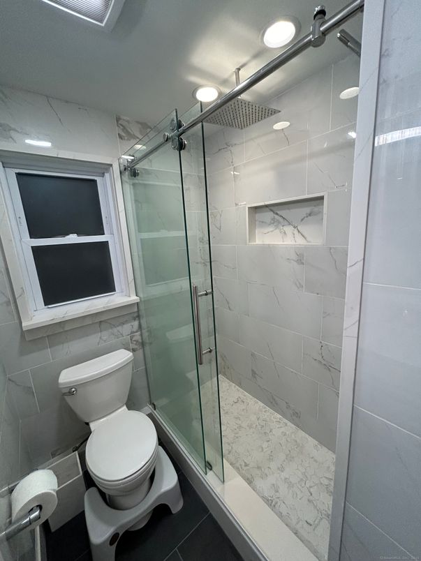 Bathroom, Glass Shower, Interior, Marble Walls, Recessed Lighting