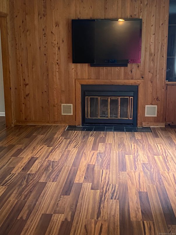 Empty room, Fireplace, Interior, Wood Texture Flooring, Wooden Walls