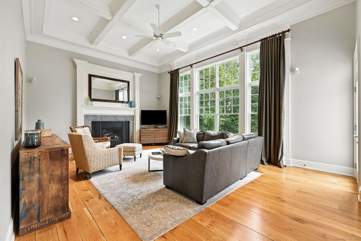 Fireplace, Interior, Living room, Recessed Lighting, Wood Texture Flooring
