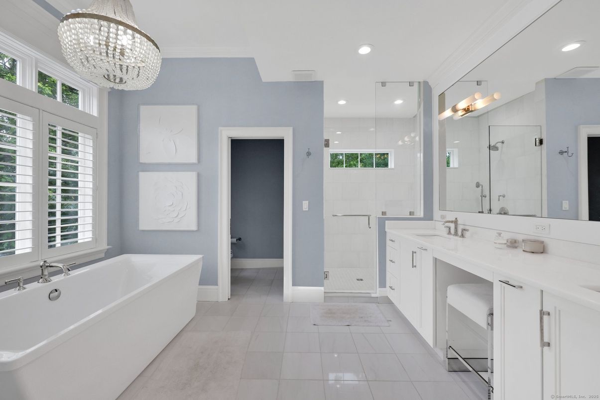 Bathroom, Chandelier, Dual Sink Vanities, Free Standing Baths, Interior, Recessed Lighting