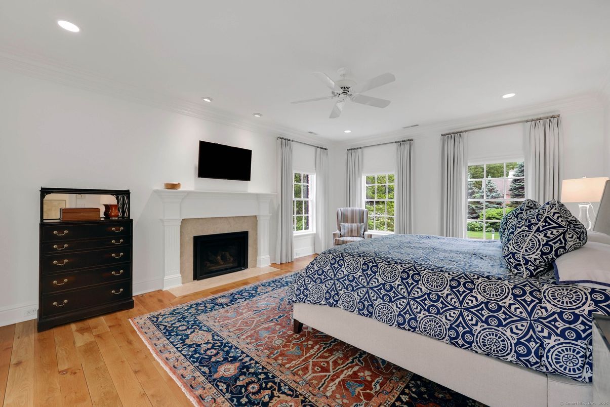 Bedroom, Fireplace, Interior, Recessed Lighting, Wood Texture Flooring
