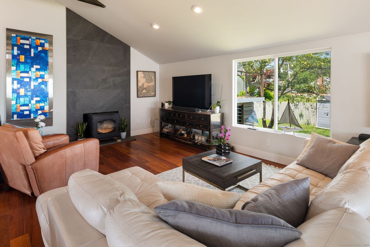 Fireplace, Interior, Living room, Recessed Lighting, Wood Texture Flooring