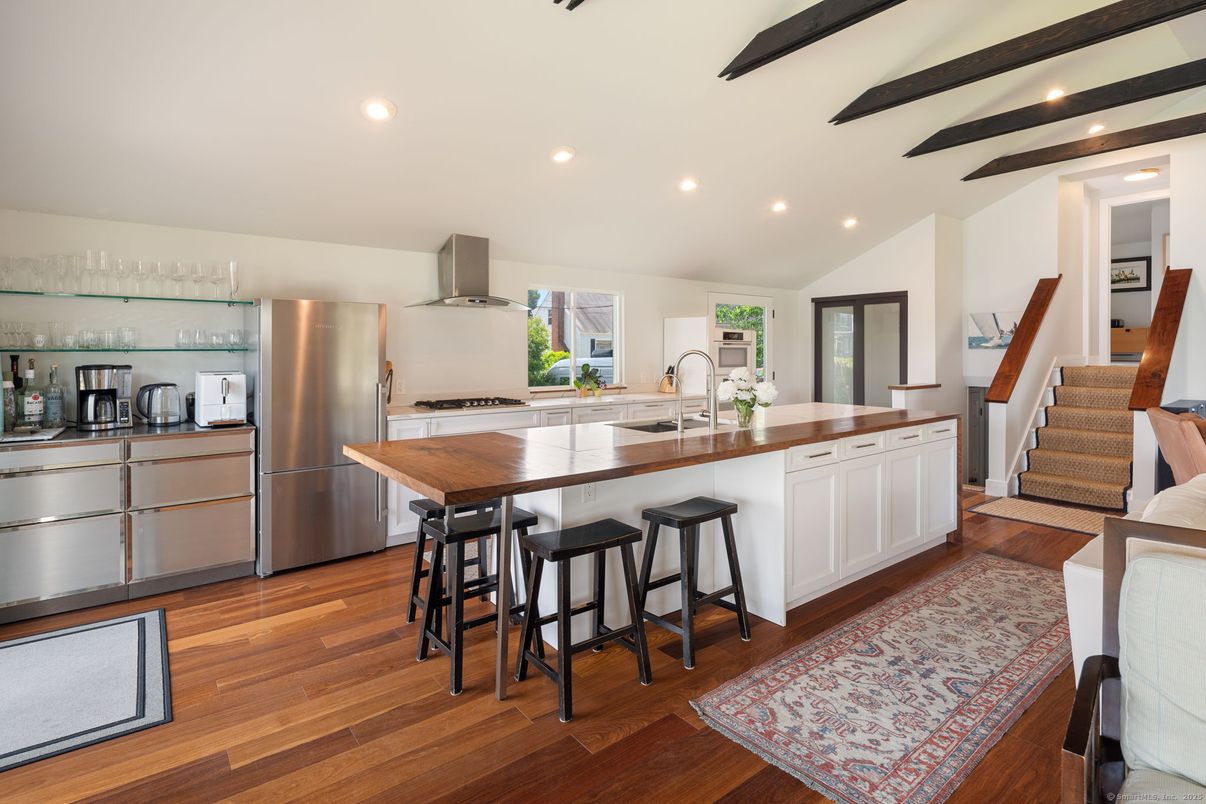 Interior, Kitchen, Recessed Lighting, Stainless Steel Appliances, Wooden Beams, Wood Texture Flooring