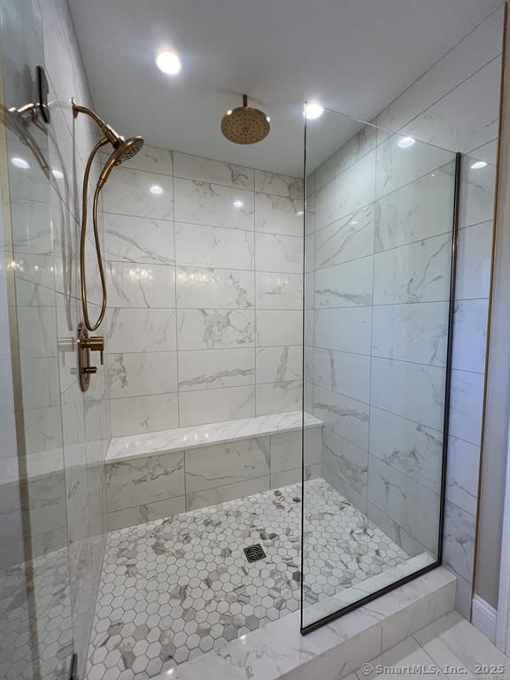 Bathroom, Glass Shower, Interior, Marble Walls, Recessed Lighting