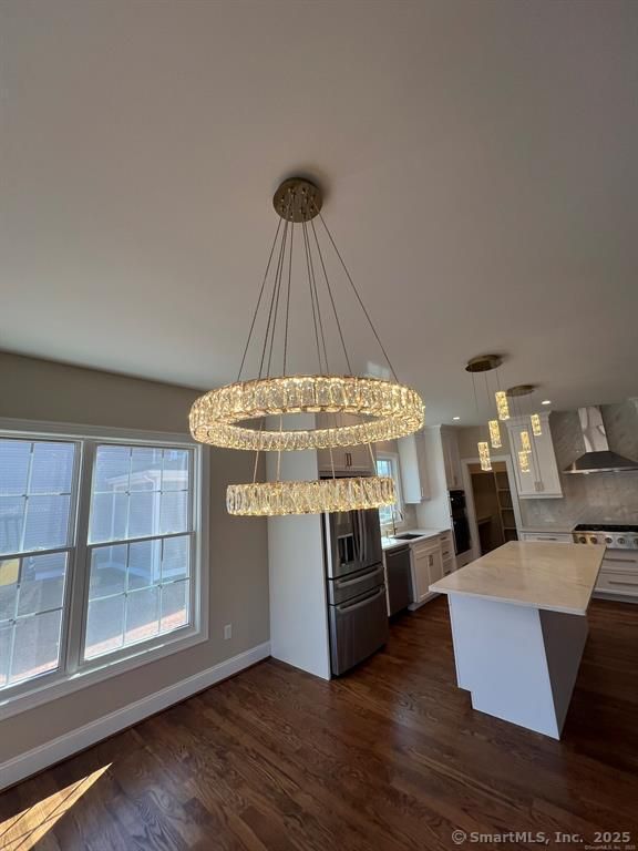 Chandelier, Interior, Kitchen, Pendant Lights, Recessed Lighting, Stainless Steel Appliances, Wood Texture Flooring