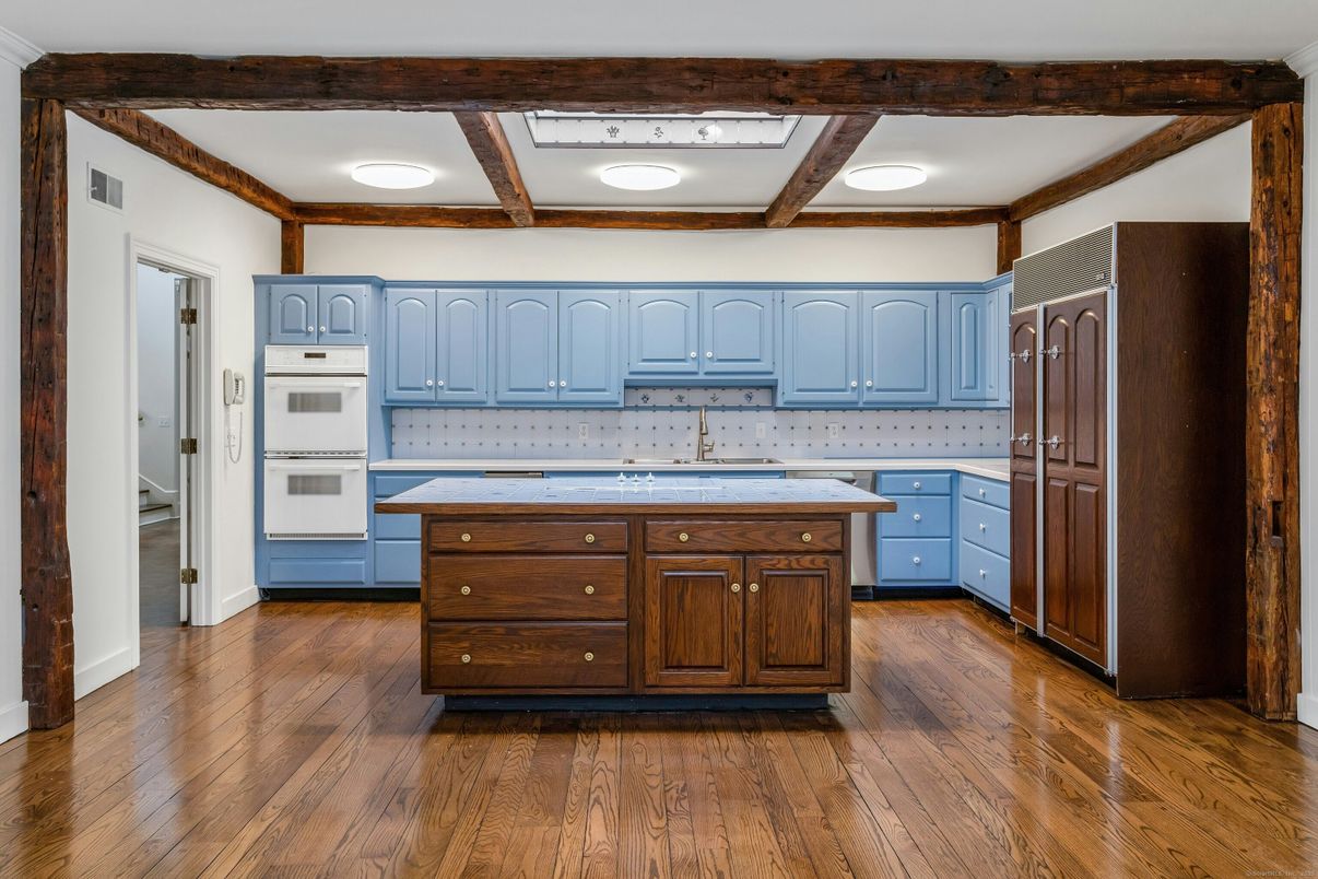 Interior, Kitchen, Tile Countertops, Wooden Beams, Wood Texture Flooring