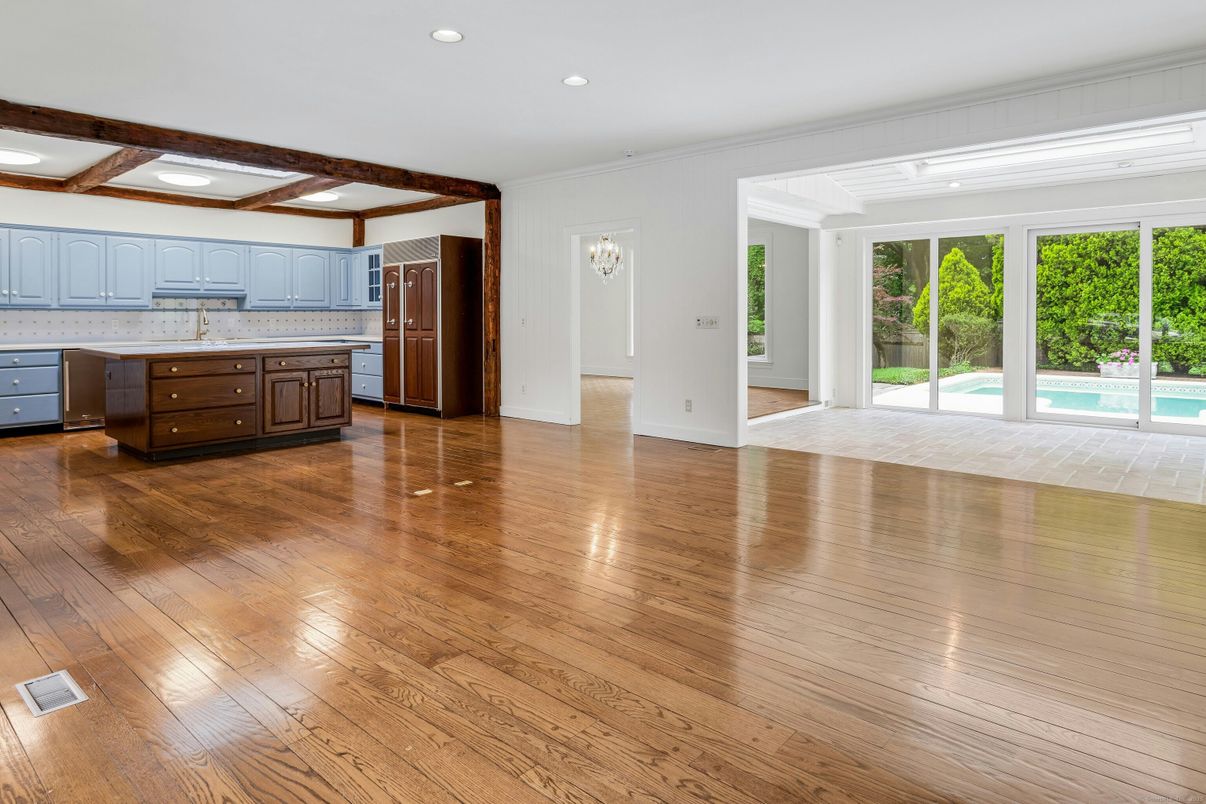 Empty room, Interior, Kitchen, Recessed Lighting, Wood Texture Flooring