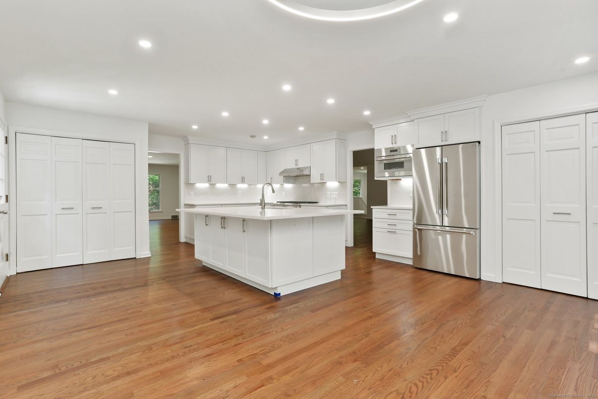 Interior, Kitchen, Recessed Lighting, Stainless Steel Appliances, Wood Texture Flooring