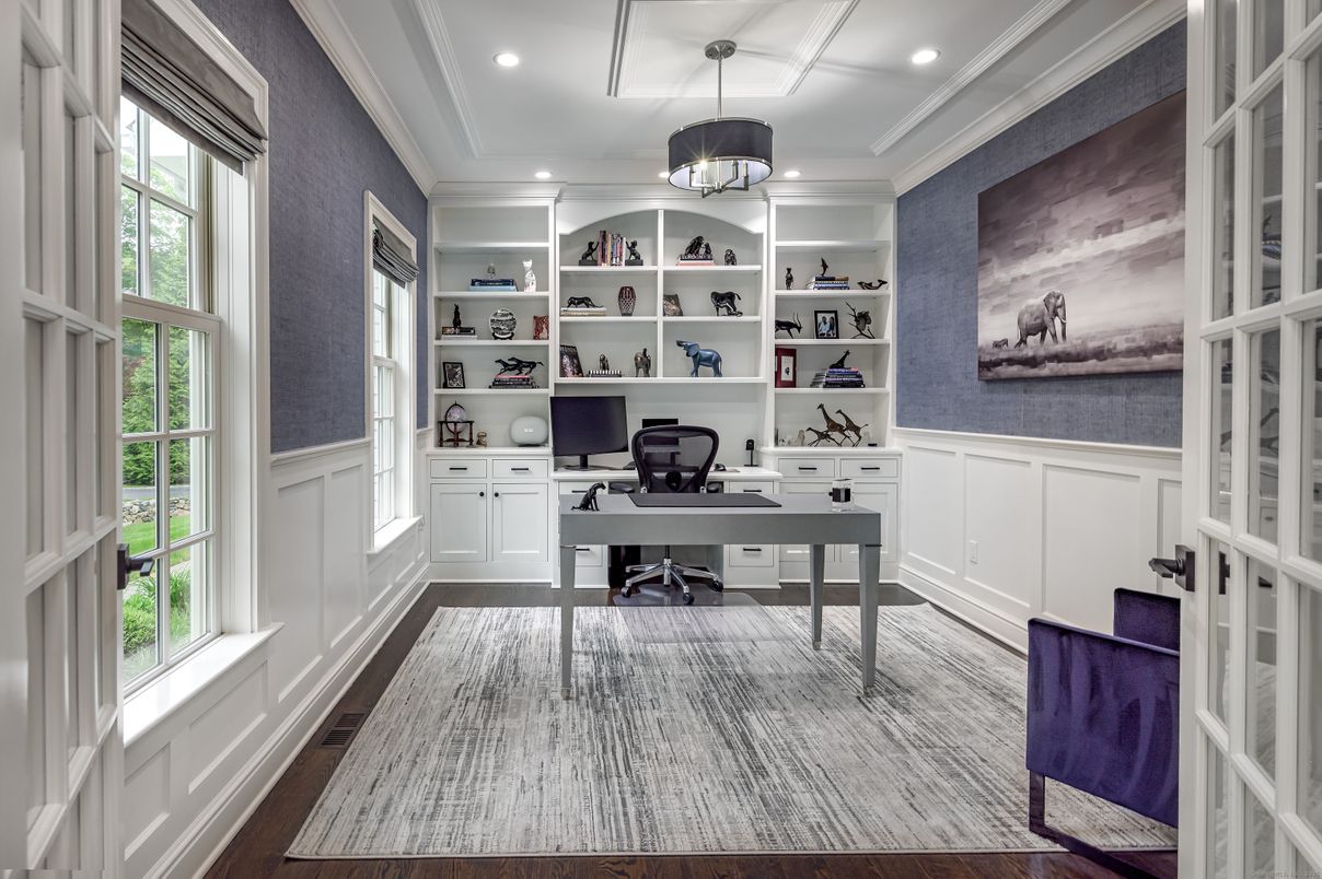 Home Office, Interior, Pendant Lights, Recessed Lighting, Wood Texture Flooring