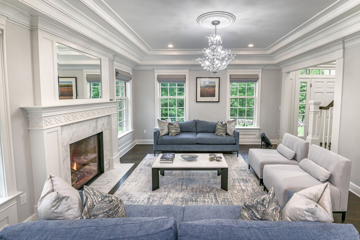 Chandelier, Fireplace, Interior, Living room, Recessed Lighting, Wood Texture Flooring