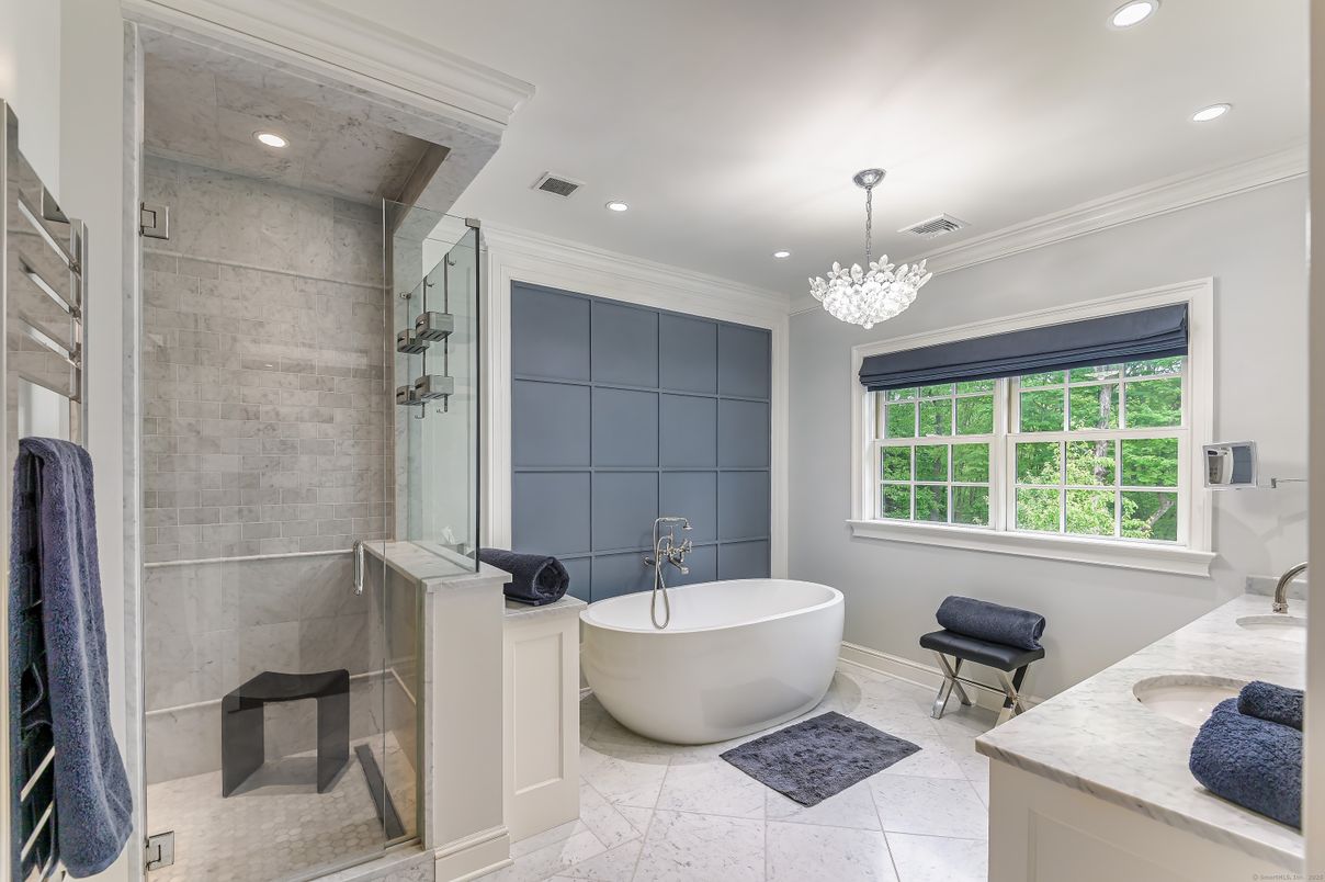 Bathroom, Chandelier, Dual Sink Vanities, Free Standing Baths, Glass Shower, Interior, Recessed Lighting