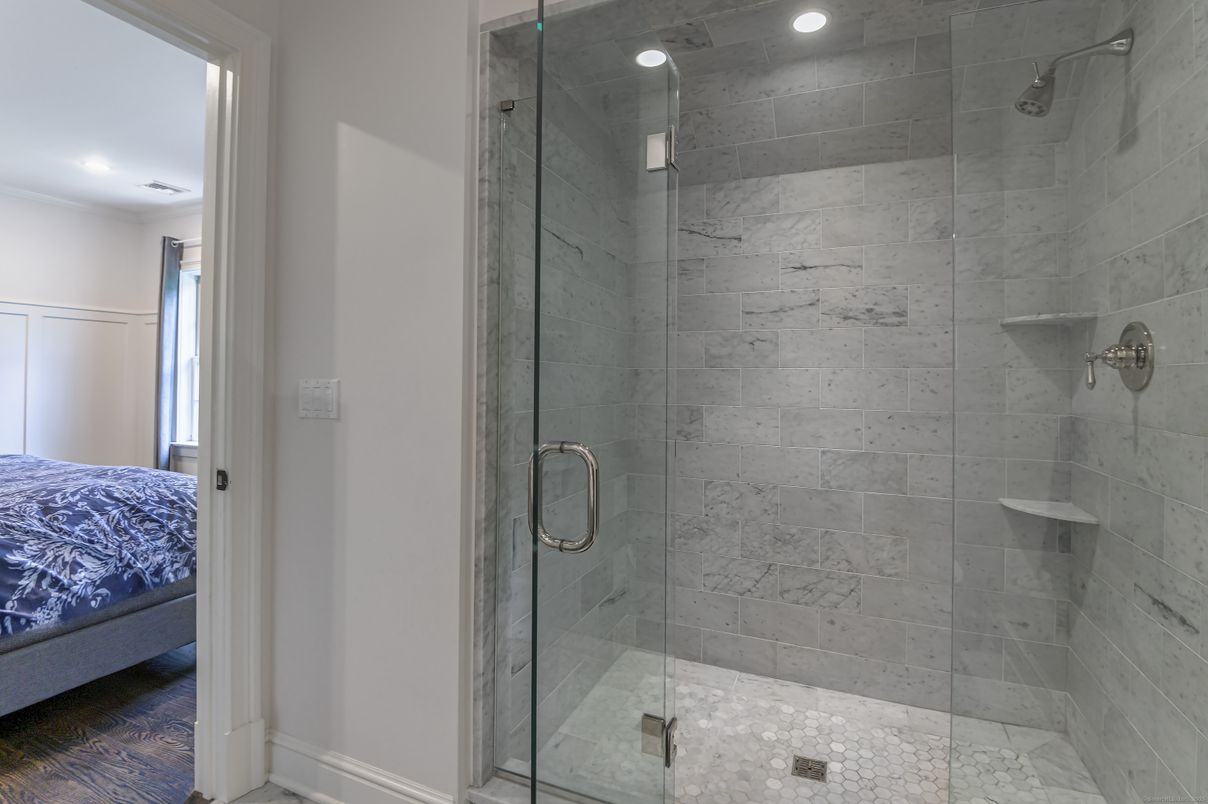 Bathroom, Glass Shower, Interior, Marble Walls, Recessed Lighting
