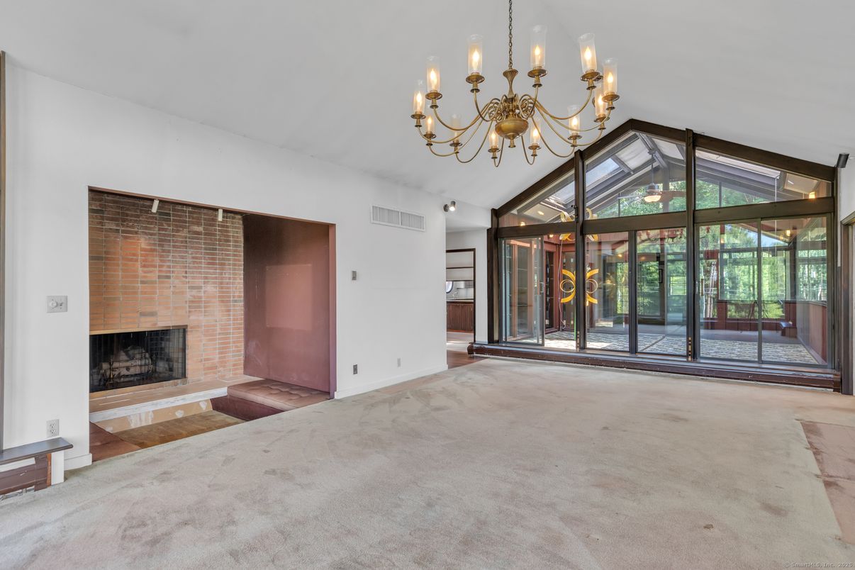 Chandelier, Empty room, Fireplace, Interior, Stone Walls