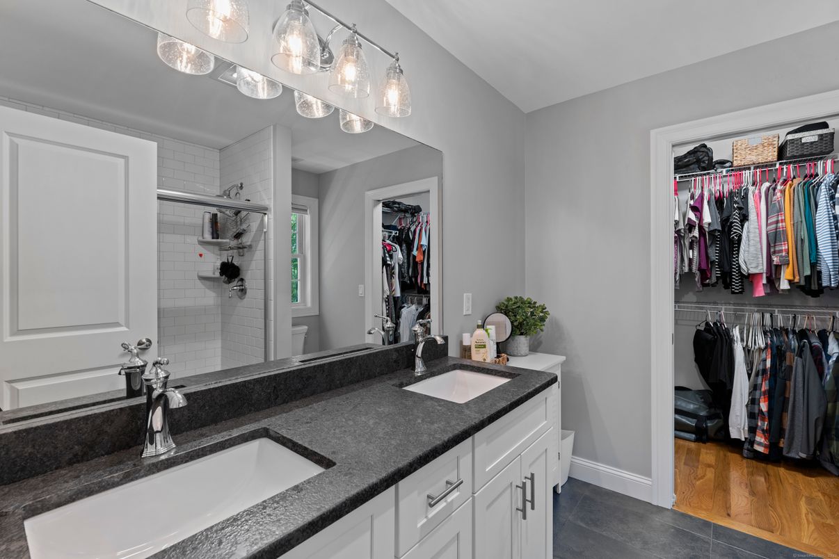 Bathroom, Dual Sink Vanities, Interior, Walk-in Closets, Wood Texture Flooring