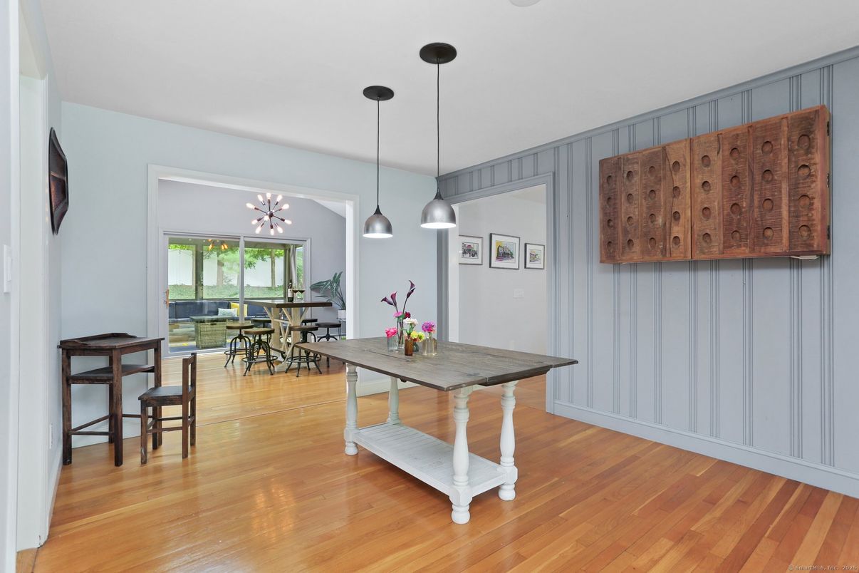 Dining room, Interior, Pendant Lights, Wood Texture Flooring