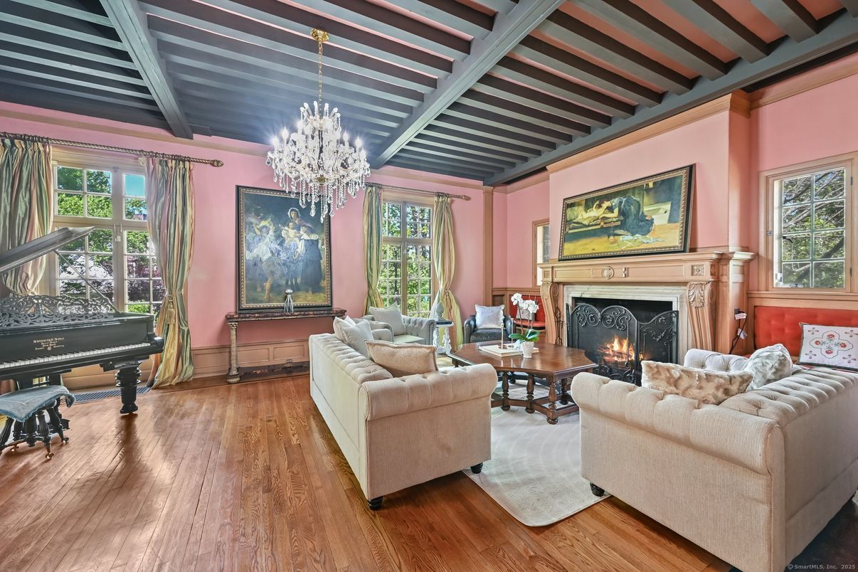 Chandelier, Fireplace, Interior, Living room, Piano, Wooden Beams, Wood Texture Flooring