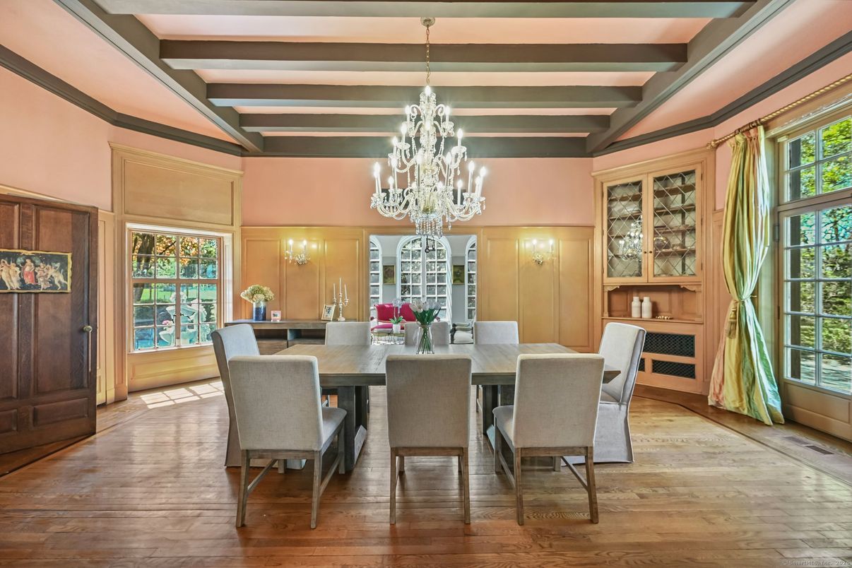 Chandelier, Dining room, Interior, Wooden Beams, Wood Texture Flooring