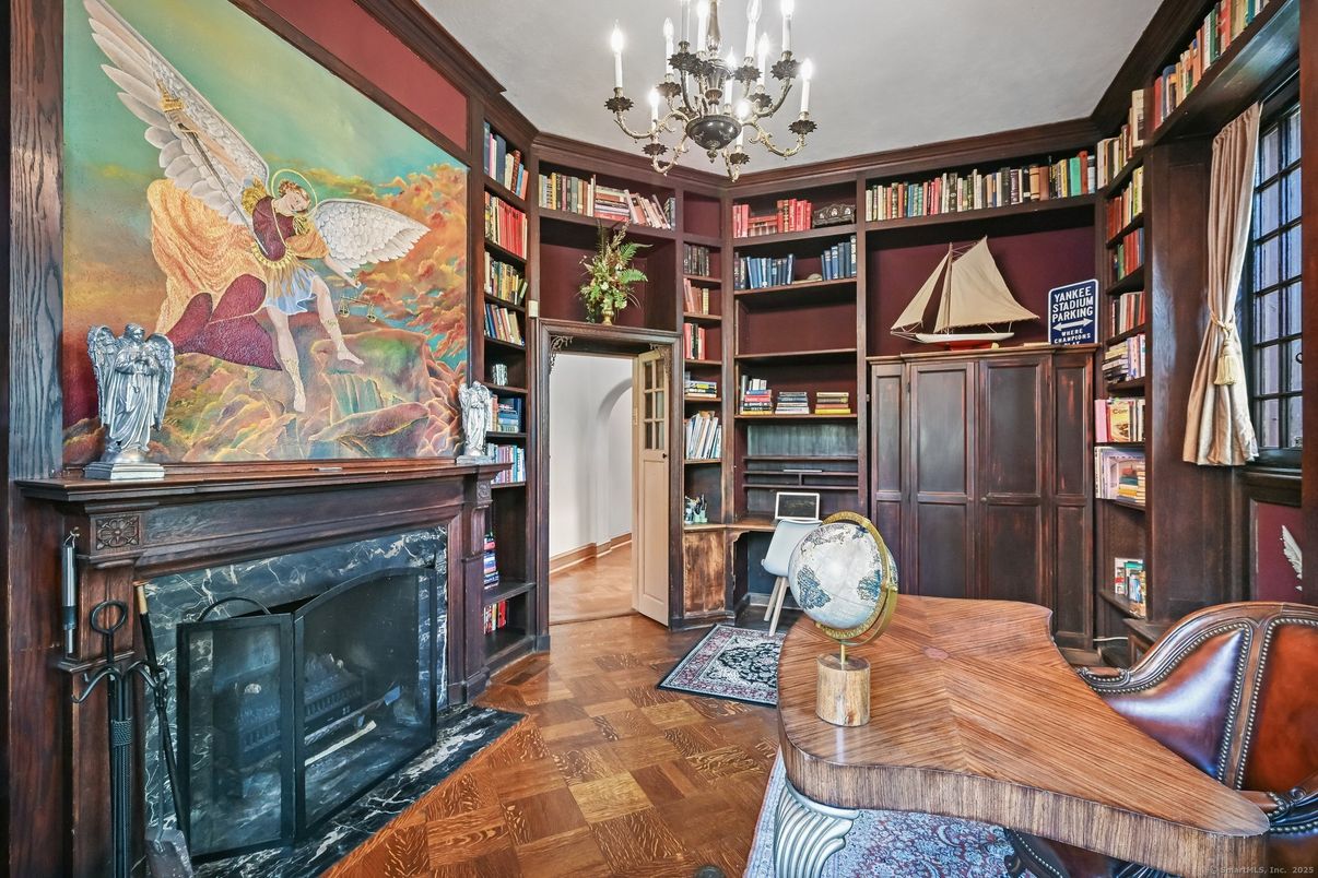 Chandelier, Fireplace, Home Office, Interior, Wood Texture Flooring