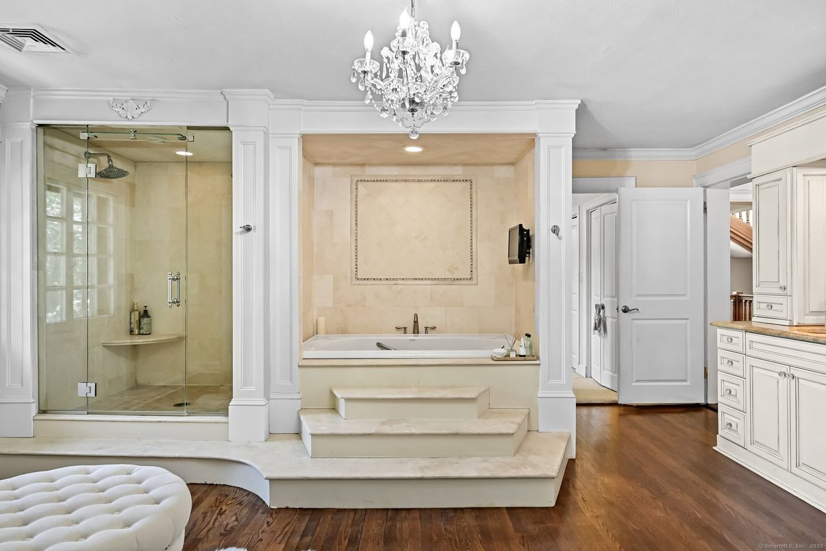 Bathroom, Chandelier, Glass Shower, Interior, Wood Texture Flooring