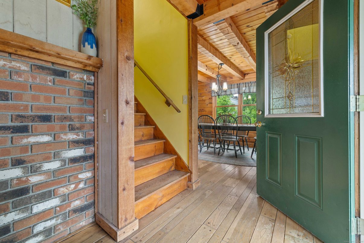 Chandelier, Dining room, Interior, Pendant Lights, Stone Walls, Wooden Beams, Wooden Ceilings, Wood Texture Flooring