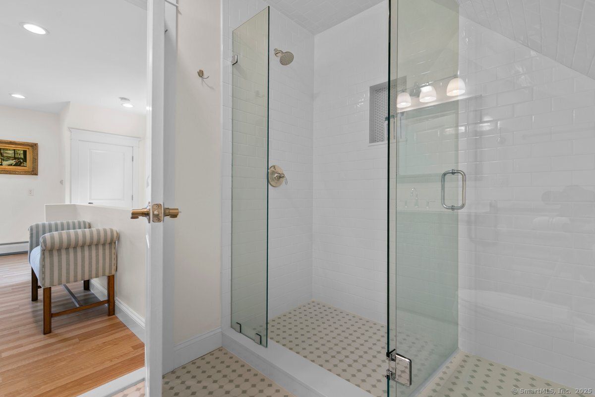 Bathroom, Glass Shower, Interior, Recessed Lighting, Wood Texture Flooring
