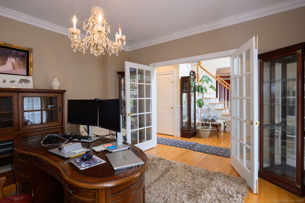 Chandelier, Home Office, Interior, Wood Texture Flooring
