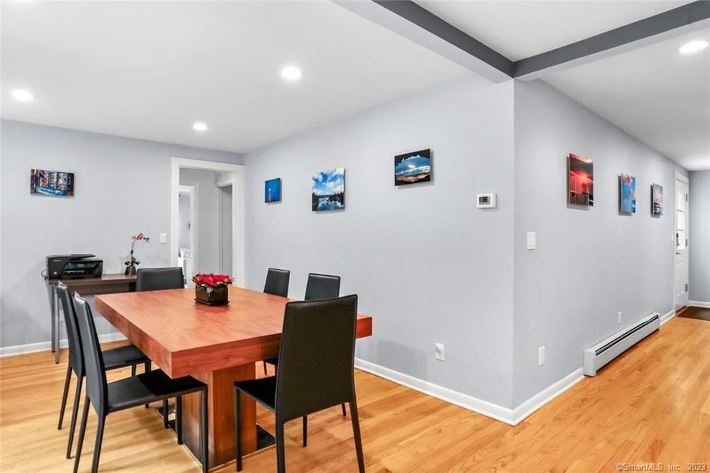 Dining room, Interior, Recessed Lighting, Wood Texture Flooring