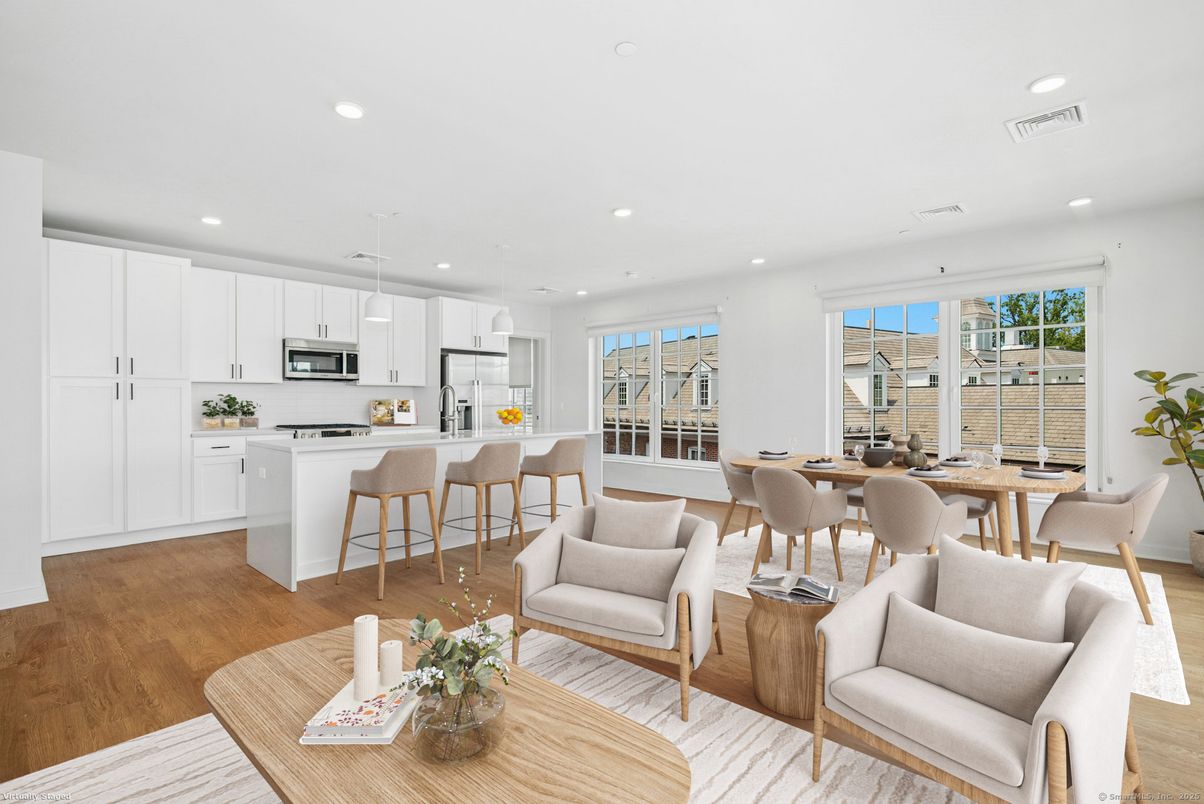 Dining room, Interior, Kitchen, Living room, Recessed Lighting, Stainless Steel Appliances, Wood Texture Flooring