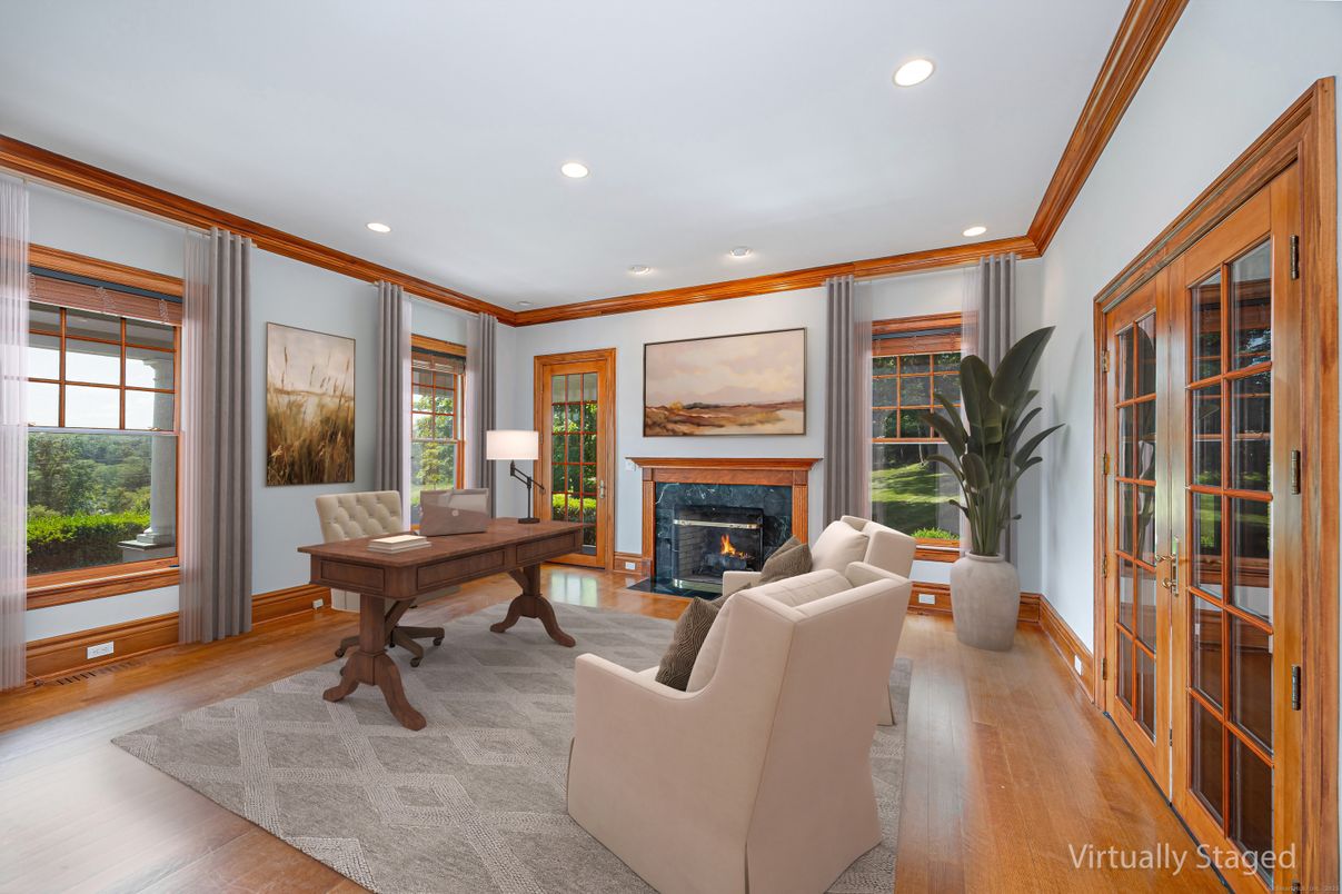 Fireplace, Home Office, Interior, Living room, Recessed Lighting, Wood Texture Flooring