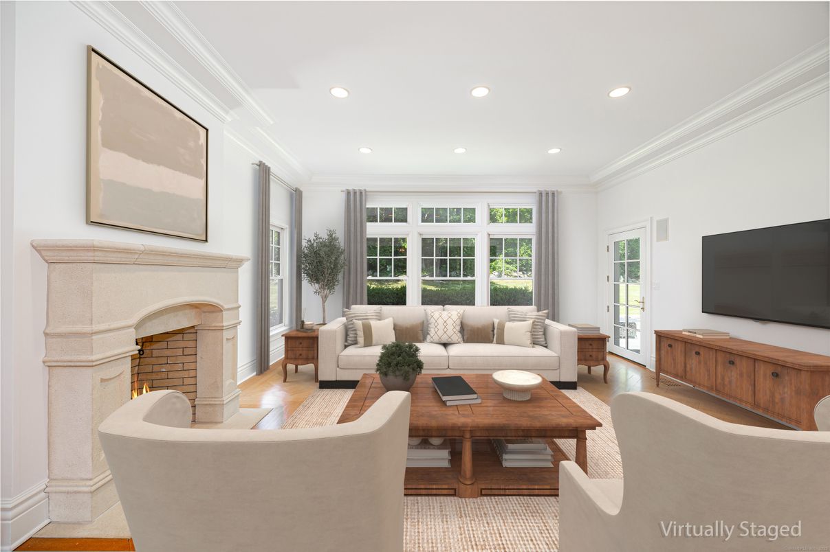 Fireplace, Interior, Living room, Recessed Lighting, Wood Texture Flooring