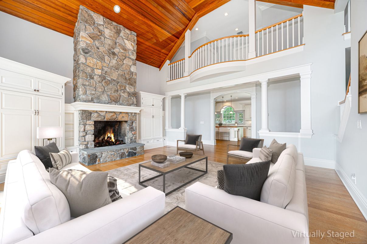Fireplace, Interior, Living room, Recessed Lighting, Stone Walls, Wooden Beams, Wooden Ceilings, Wood Texture Flooring