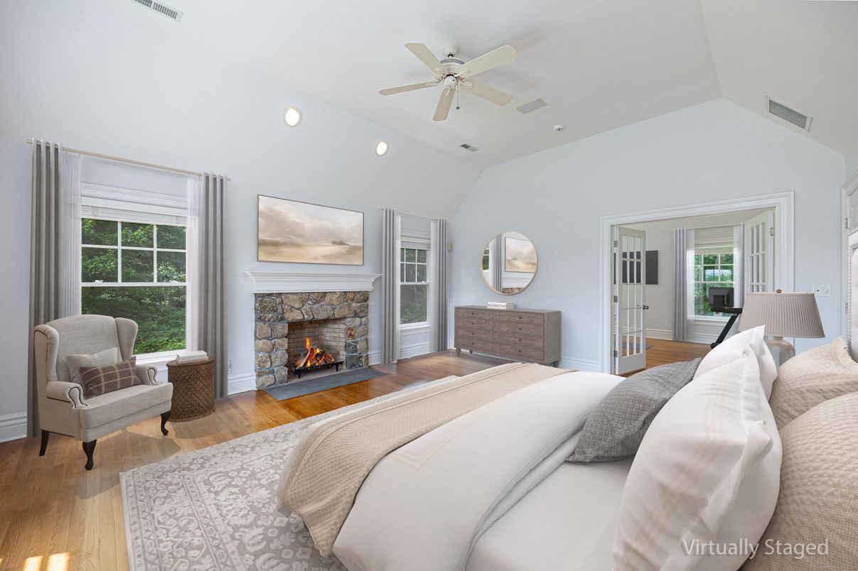 Bedroom, Fireplace, Interior, Recessed Lighting, Wood Texture Flooring