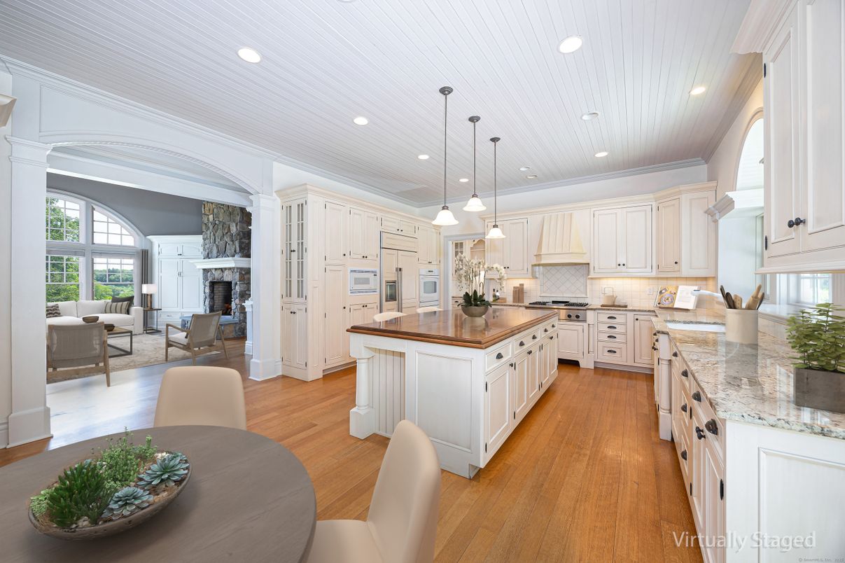 Dining room, Fireplace, Interior, Kitchen, Living room, Pendant Lights, Recessed Lighting, Wood Texture Flooring
